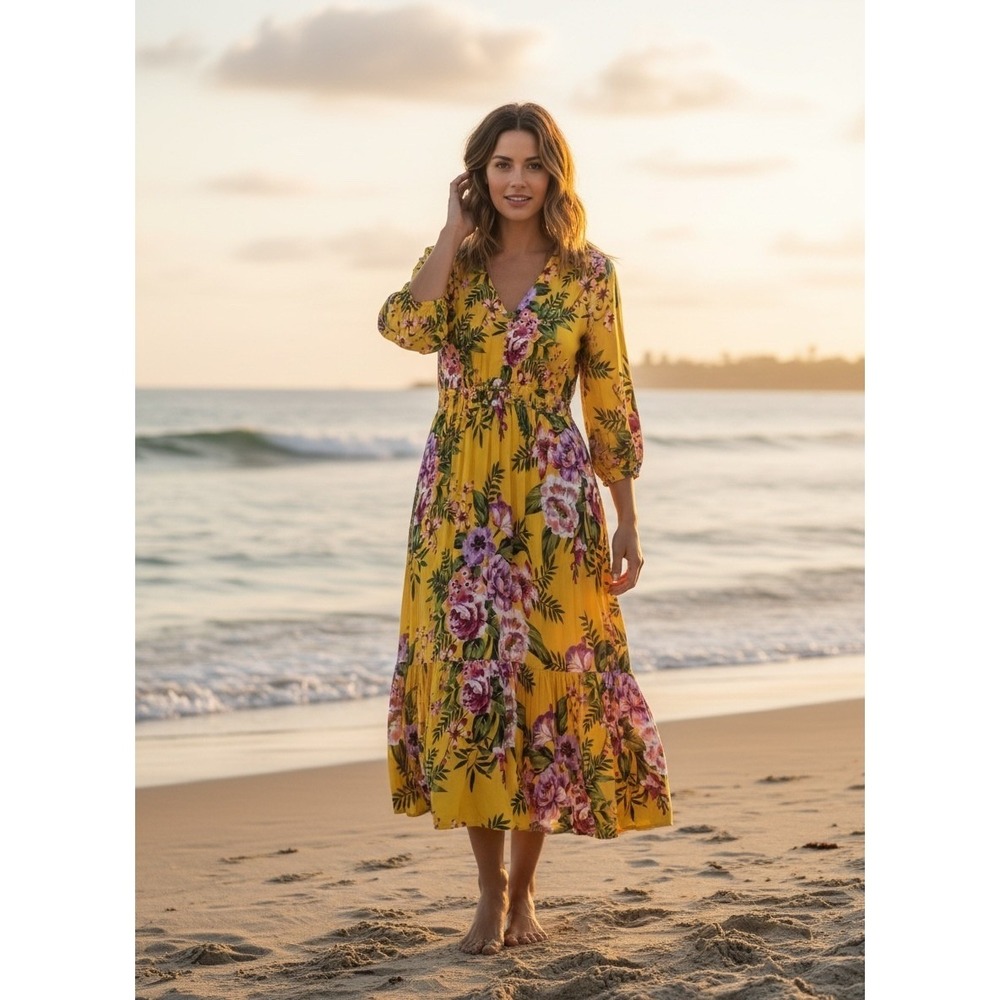 ECI Tropical Floral Tiered Maxi Dress Womens Sz L Yellow Green Boho Beach Summer